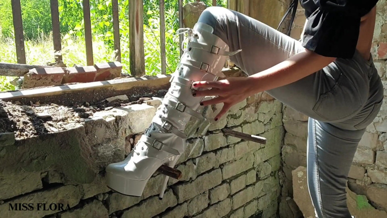 Miss Flora: Walking and Teasing in My White Boots - Parts 1 and 2