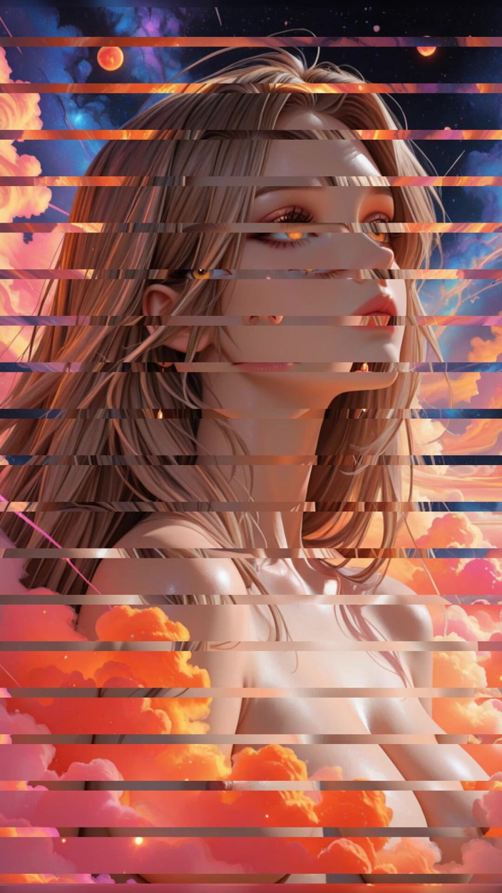 VelvetInk Studio: Kosmická neonová bohyně nahá krása Portrét s radiant cyber clouds...