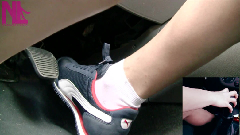 Nyllady: Driving and Pedal Pumping in Blue Nike Sneakers and White...