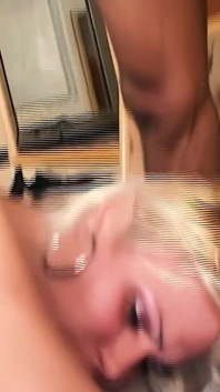 Blonde Tranny Bitch Sucks 2 Cocks in Interracial Threesome.