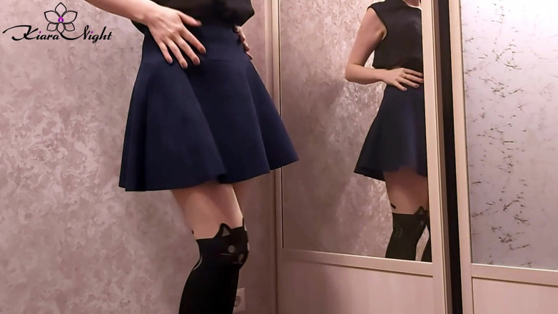 Kiara Night: Sexy college girl in stockings fingering in front mirror