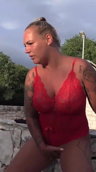 Tattooed Blonde Pees in Guy's Mouth and Fingers Her Pussy to Orgasm