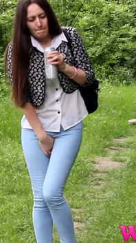 Skinny Brunette Full Bladder Pee Desperation and Pushing Her Pussy to Stop Her Pee in the Forest