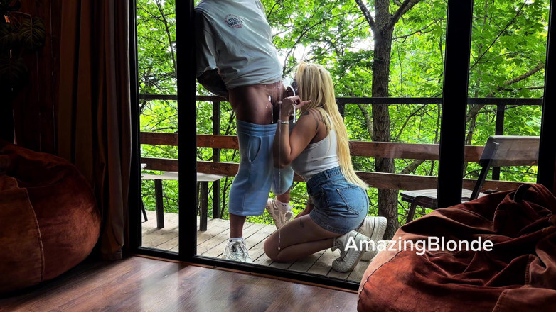 Amazing Blonde: Luxury hotel, wild forest and juicy blowjob by the glass
