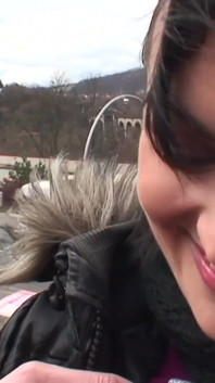 It's cold in the park and the young brunette with small natural tits gets warmed up by an old man and swallows all the cum