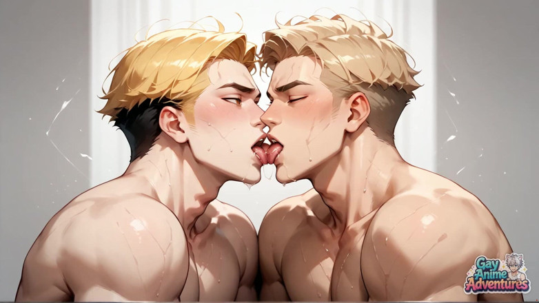 Gay Anime Adventures: Golden Glory: Alongamento musculoso da bunda molhada e baba