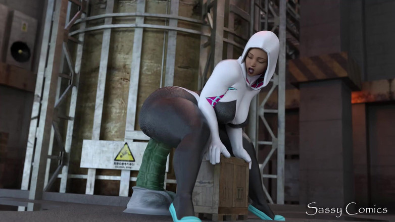 Sassy comics: Spidermans gwen Stacy reitet einen riesigen grünen kobold-dildo