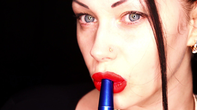 Goddess Misha Goldy: 4K Applying red lipstick and smoking hookah on black background