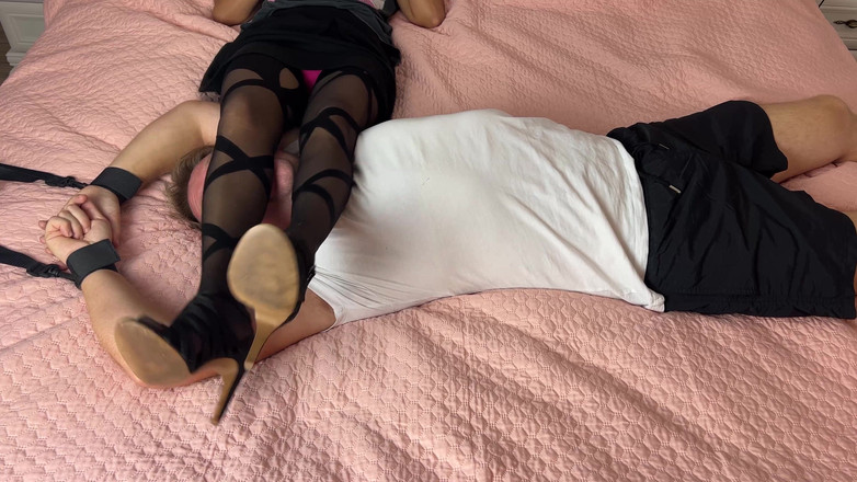 Asian foot goddess: Tied Slave Under Her Legs in Pantyhose - Domination Humiliation