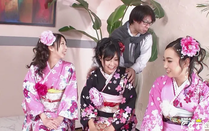 Pure Japanese adult video ( JAV): Three Japanese babes blow a group of men with hairy...