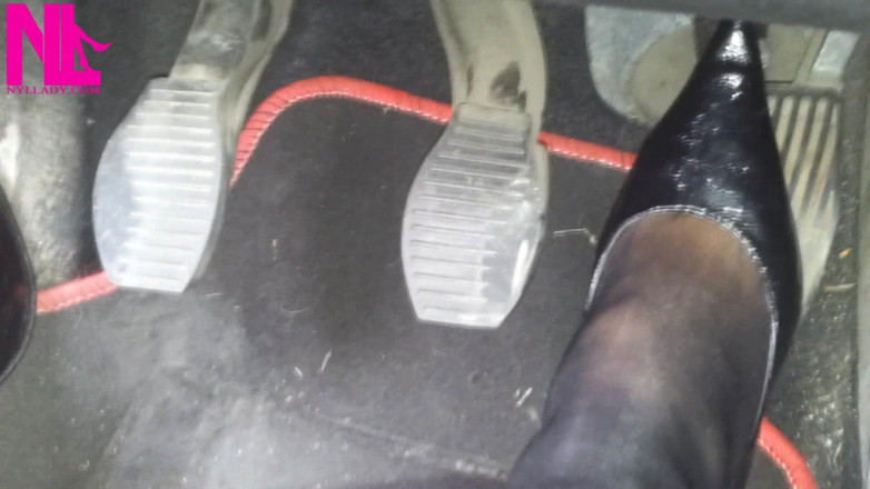 Nyllady: Sexy Speedy Driving in Patent Black Pumps and Seamed Black...