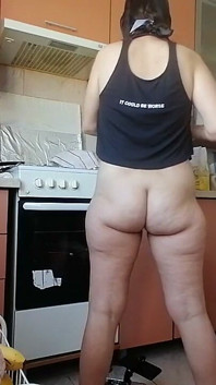 Amateur Hairy Brunette, Big Tits, Sensual Hairy Woman in the Kitchen.