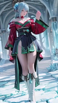 Ice Throne! Silver-haired Mage in Red-green Gown Kneeling, Blue-haired Partner Teasing in Snowy Realm!
