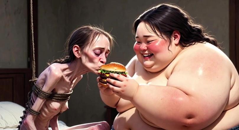 YOUR BEST FANTASY: Skinny Girl Getting Fed by Huge Fat Woman - Contrast Feeding...