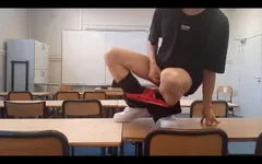 After a Hot Striptease on the Teacher's Desk, This Horny French-asian Student Takes Out His Dick and Jerks off
