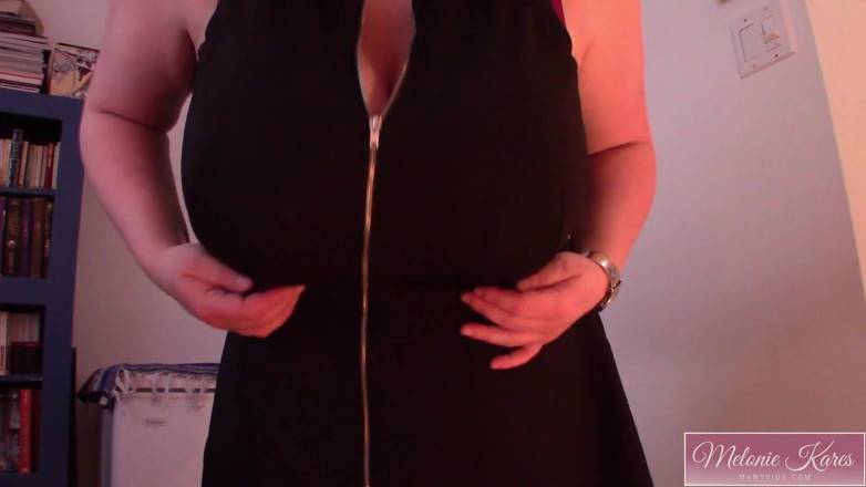 Melonie Kares: Huge breasts zipper dress strip show