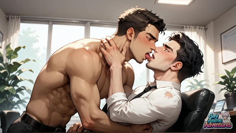 Gay Anime Adventures: Un mec costaud se penche au bureau et éjacule dans un...