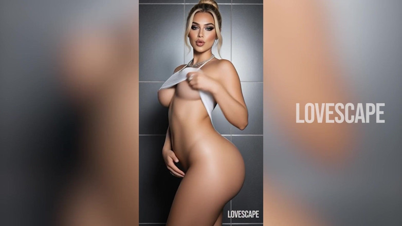 Lovescape: 完美的屁股金发女郎在浴室水槽上深插