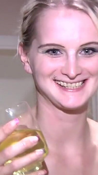Blonde Babe Pisses in Glass and Takes a Shot, Thereafter Pisses on a Guy with a Huge Cock and Get Licked Clean