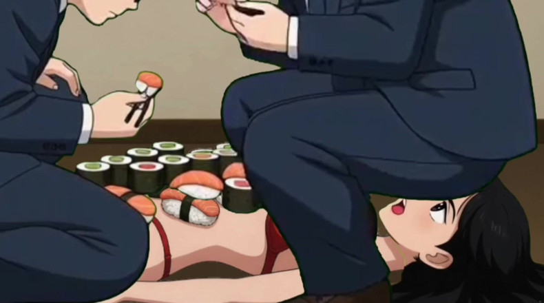 Octopussy Lovers Club: Sushi-mädchen: reiche typen essen essen vom körper einer sexy schlampe...