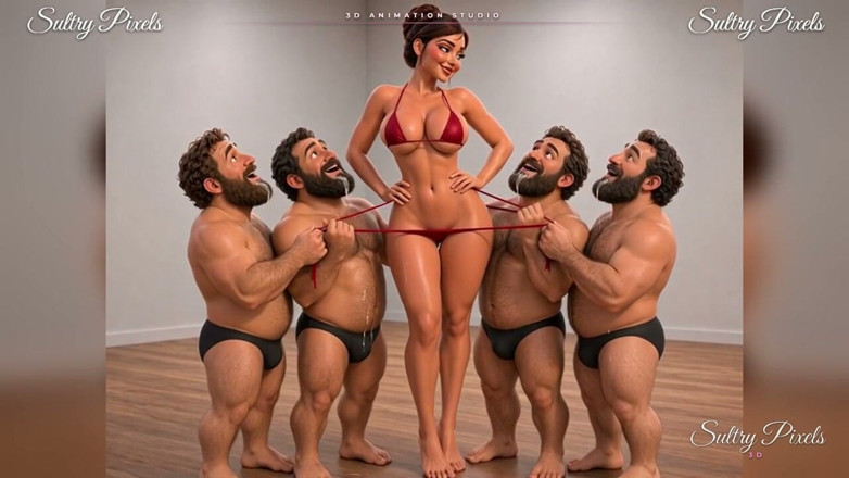 Sultry Pixels 3D: 네 명의 수염을 기르고 추종자로 둘러싸인 머리 롤빵의 갈색 머리