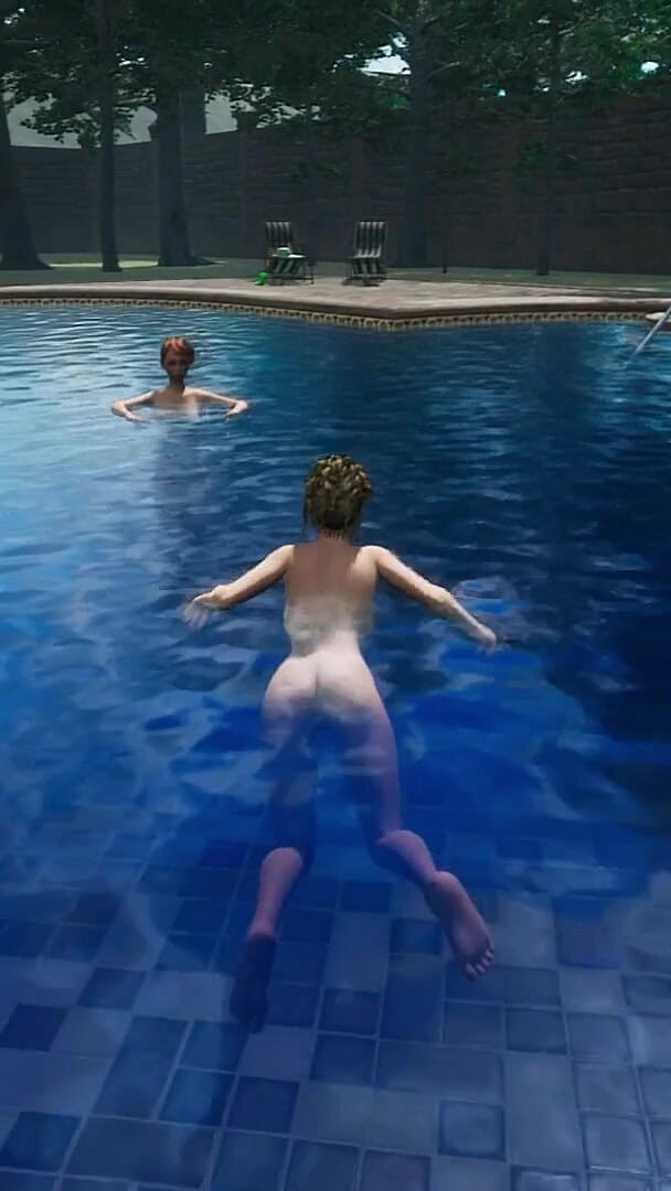 Angels Awakening 12 - Nude Swimming and Lesbian Kiss Scene in a Moonlit Pool (LustSaga)