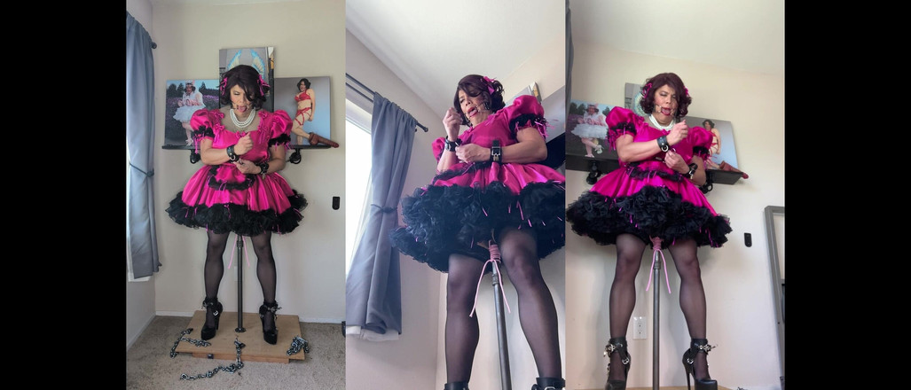 Sissy Candy: La cameriera sissy rosa è bloccata sul suo dildo e cavalca...