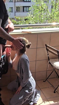 Busty Girl Sucks Her Friend's Cock on a Hotel Balcony!! Risky Sex!
