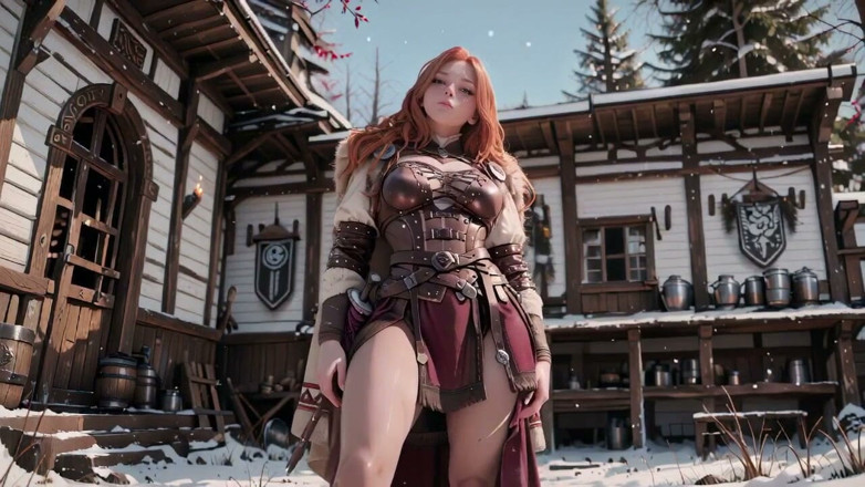 Seraphina Vale: Rothaarige kriegerin! Verbotene Lederpanzer necken vor reinem weißem hintergrund.