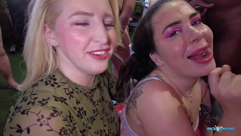 100% Amateur Gangbang and Bukkake from the UK!: Două curve cu forme și tatuate - petrecere cu muie