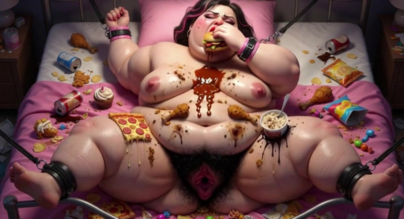 YOUR BEST FANTASY: 肥満のBBWが食べ物に囲まれてボンデージ状態 - 巨大なチンコを懇願している