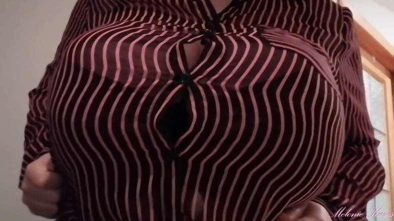 Melonie Kares: Black bra blouse big boobs bounce POV