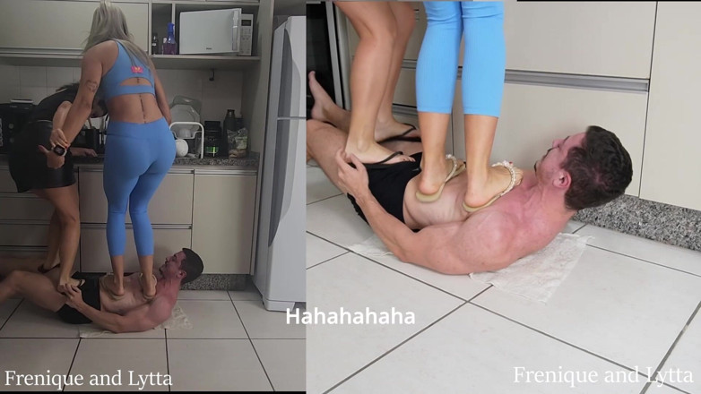 Queen Lytta ballbusting and cum lick: Frenique and Lytta - Hard Double Trampling and Ballbusting