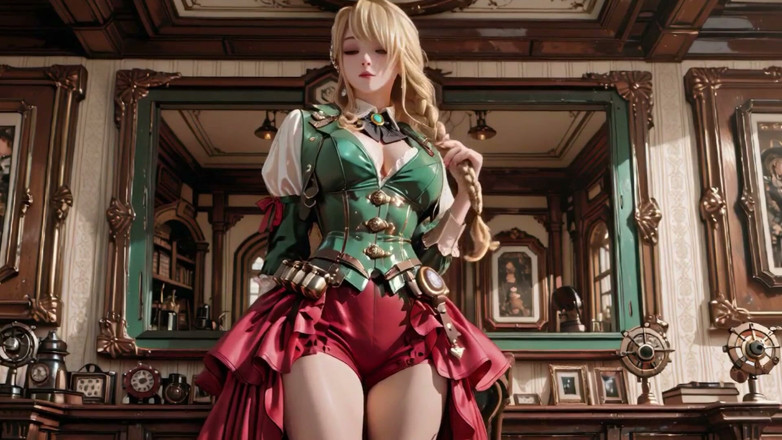 Seraphina Vale: Secretară blondă Steampunk! Leneș pozează în mijlocul Giant Gears