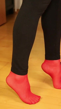 Peeptoe Dangling in Red Stockings & Black Leggings
