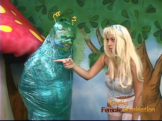 Erotic Female Domination: Blonde femdom covering submissive in duct tape in parody video