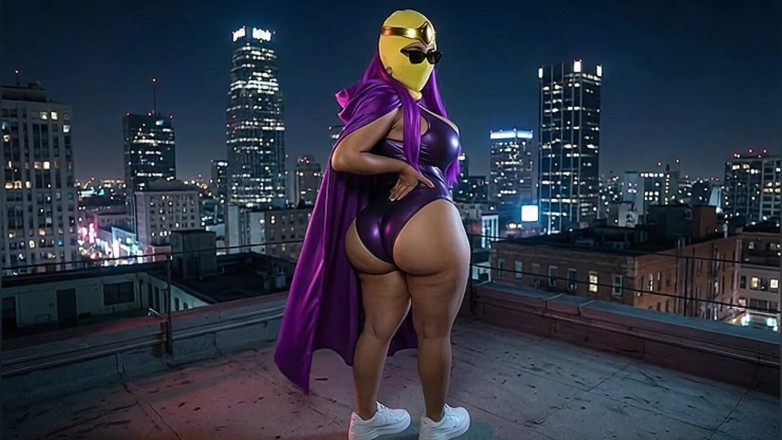 Animate golden: Petite Big Ass Purple Superheroine Twerking on the Rooftop