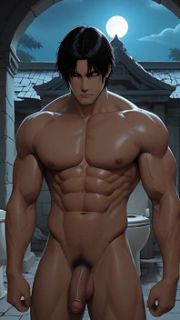 East Asian Handsome Boy Jerking in Library Toilet Under Moonlight Ruins