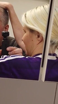 Blonde Sporty MILF Pisses in a Cup Wearing a Sports Jersey, Then Her Man Slurp the Piss