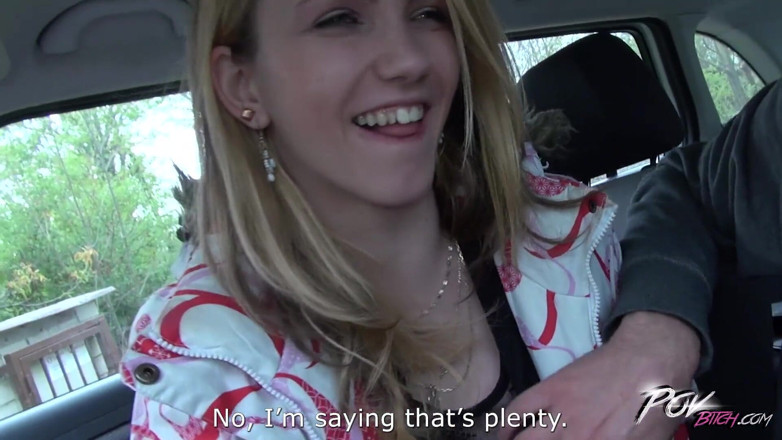 POV Bitch: Petite skinny blonde teen suck cock under steering wheel and...