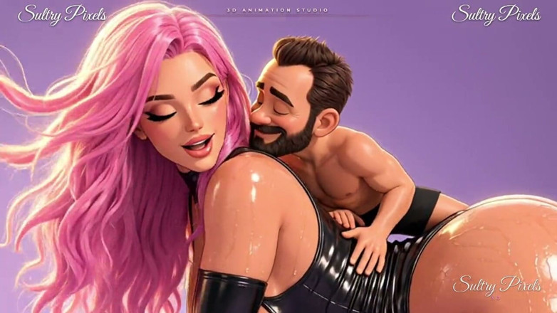 Pink-haired Anime Giantess on All Fours Gets a Cheek Kiss From Her Tiny Man