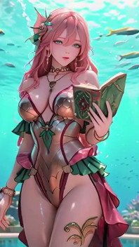 Deep sea fantazie! Růžovovlasá mermaid queen lounges v azurovém paláci, prsty klepání na vodu, personál se chvěl.