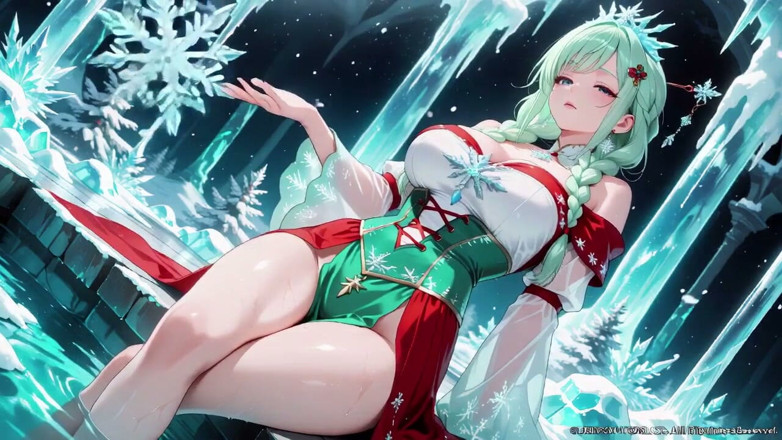 Tay Swift X: Green-haired Goddess in Red Gown Kneels in the Crystal Hall,...