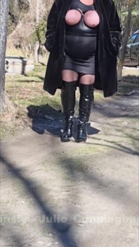 Julie Walking Through a Car Park Wearing Fur Coat, See Her Bound Tits Sticking Out