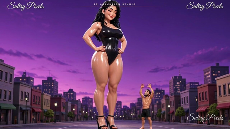 Sultry Pixels 3D: Geölte Riesin in high heels türmt sich über einen kleinen mann -...