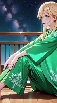 寝室での緑の着物ファンタジー!彼女は膝をつきながら自分をからかう中、裸の脚に日差しが差し込む