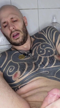Bald Guy Taking Huge Dildo in the Ass in the Bathroom