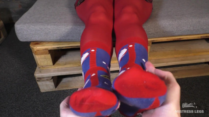 Mistress Legs: POV foot rubs and worship of feet in red pantyhose...