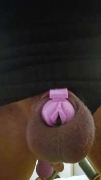 Sissygasm!! Sissy Crossdresser All Locked up in Cute Pink Chastity Cage with Realistic Clit Hole, She Cums Like a Slut