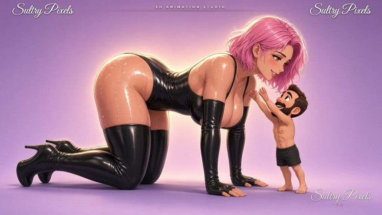 Sultry Pixels 3D: Anime Latex Giantess on All Fours Lets Her Heavy Milky...